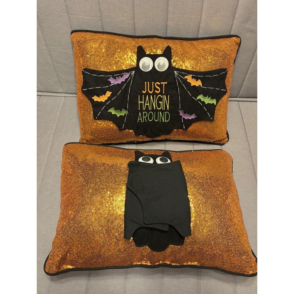 Halloween Decor Pillow Bat Just Hangin Around Purple/Orange Sequins 22 x 13